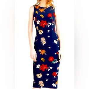 Zara Basic Collection Ribbed Navy Floral Pencil Dress Back Cutout Size L